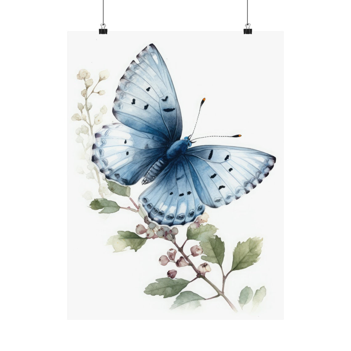 Blue Butterfly on Blossom Branch Watercolor Insect Painting Art Print - Image 5