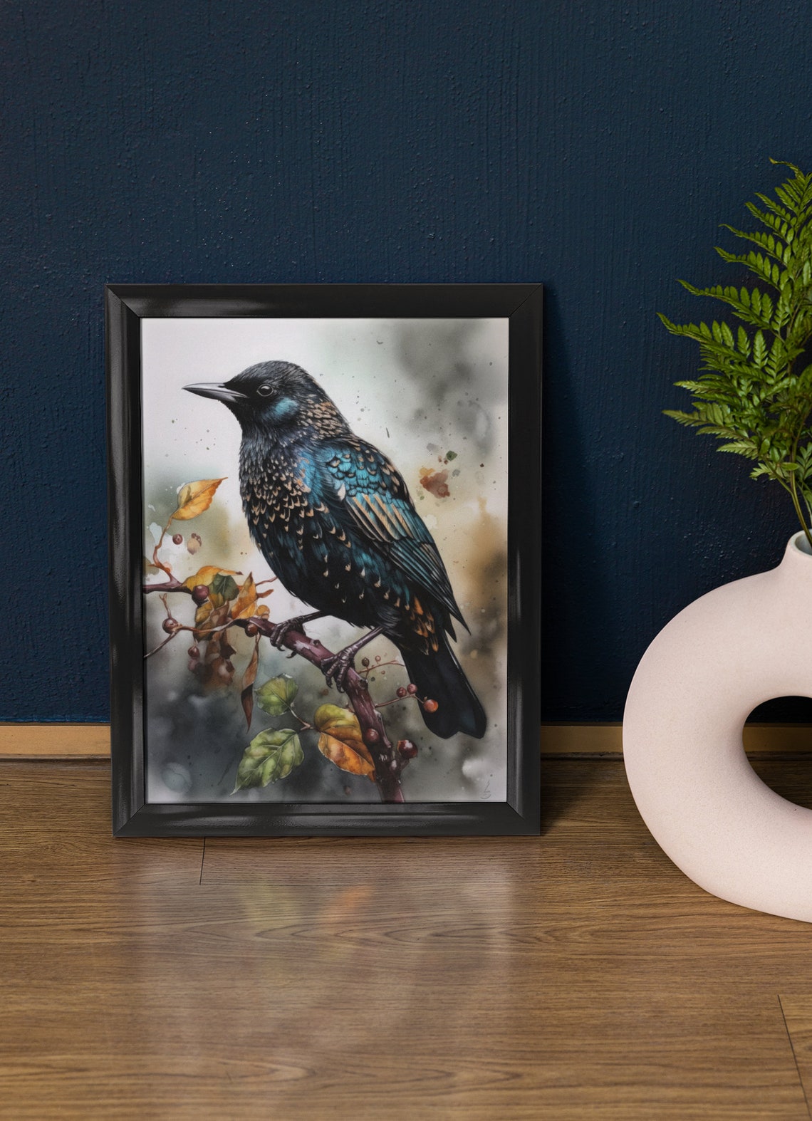 Common Starling Perched Branch Watercolor Autumn Bird Art Print