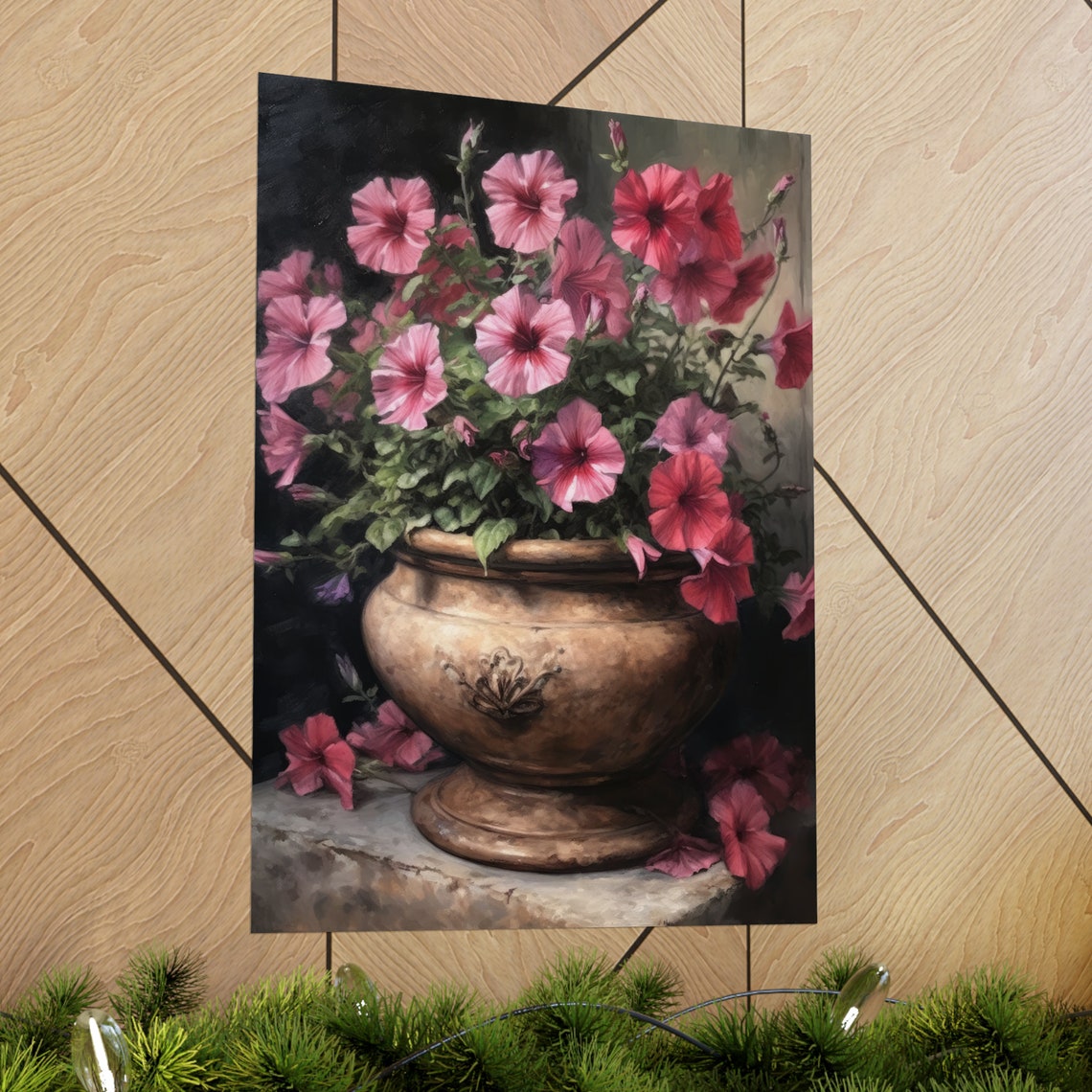Pink Petunias Bronze Urn Dark Moody Floral Still Life Art Poster - Image 2