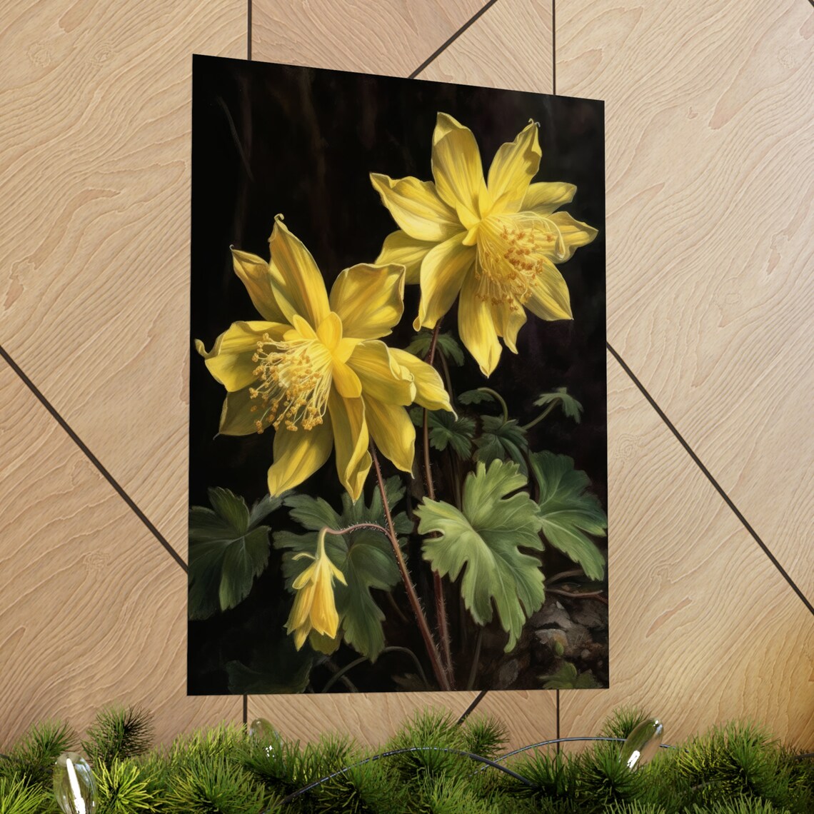 Yellow Columbine Flowers Moody Dark Botanical Oil Painting Art Print - Image 2