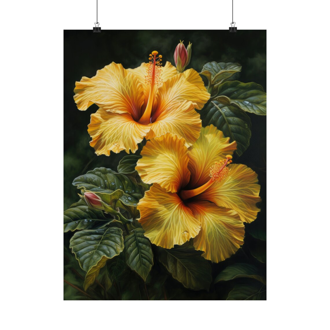 Golden Yellow Hibiscus Blooms Dark Tropical Floral Fine Art Poster - Image 5