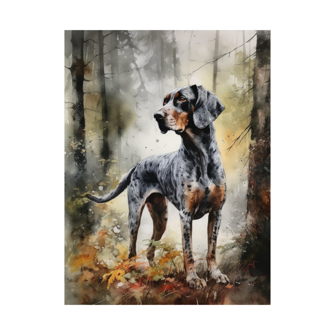 Bluetick Coonhound Standing in Misty Forest Watercolor Dog Print - Image 4