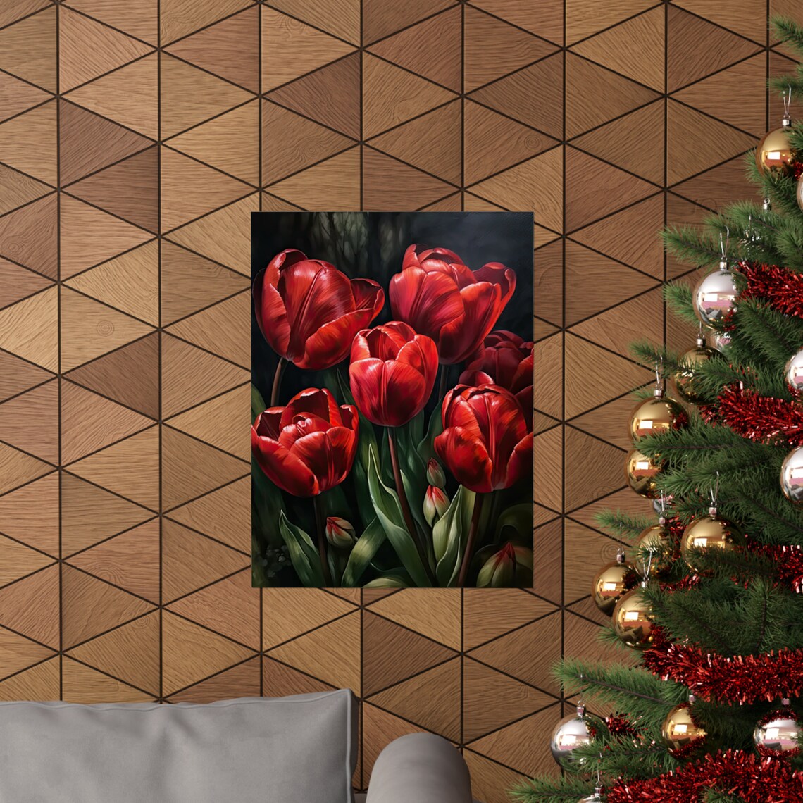 Deep Red Tulips Lush Dark Moody Oil Painting Floral Wall Art - Image 3