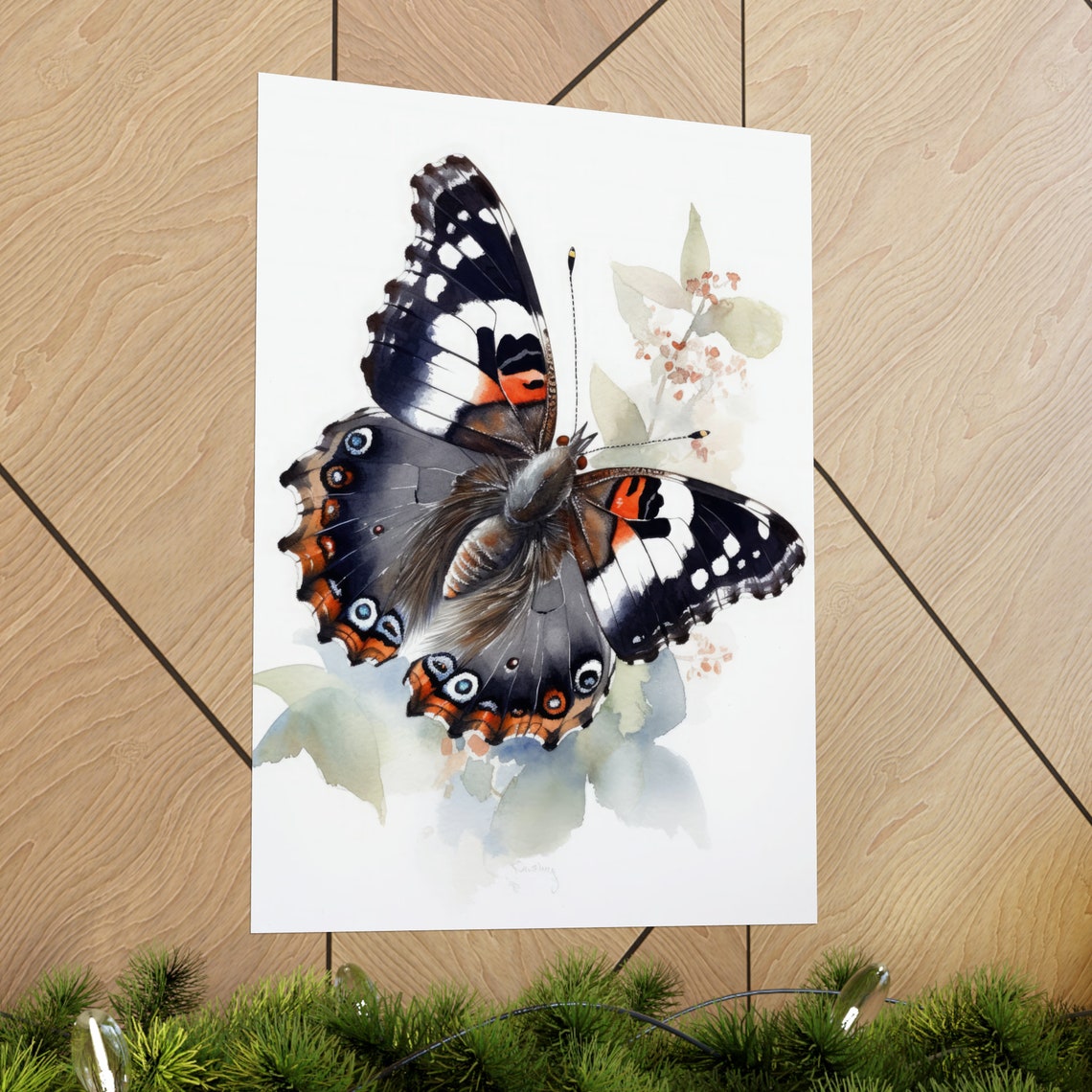 Red Admiral Butterfly Black White Red Wings Floral Watercolor Poster - Image 2