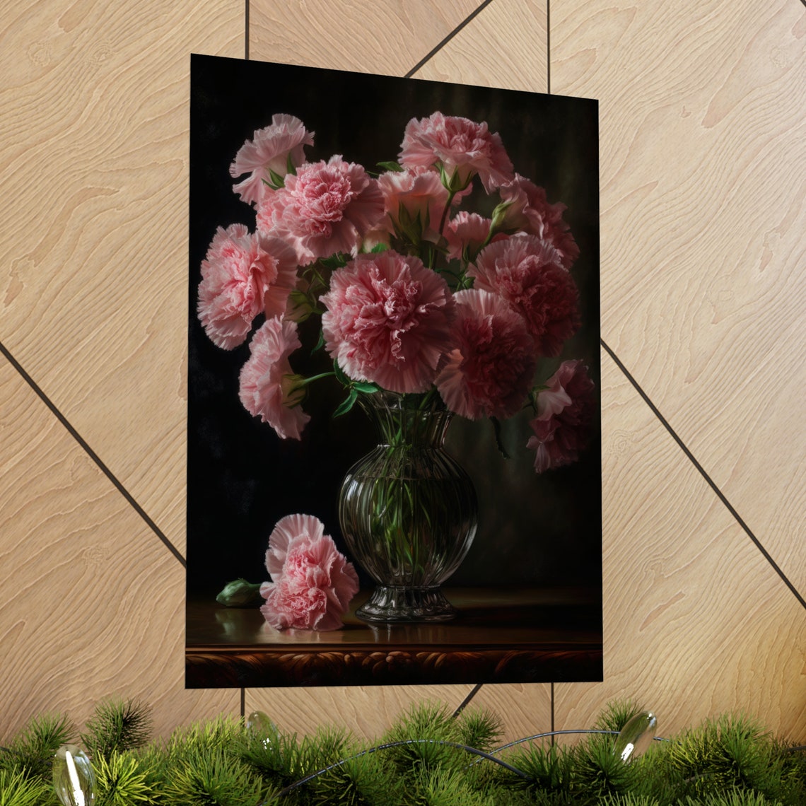 Pink Carnations Ribbed Glass Vase Moody Evening Floral Art Poster - Image 2