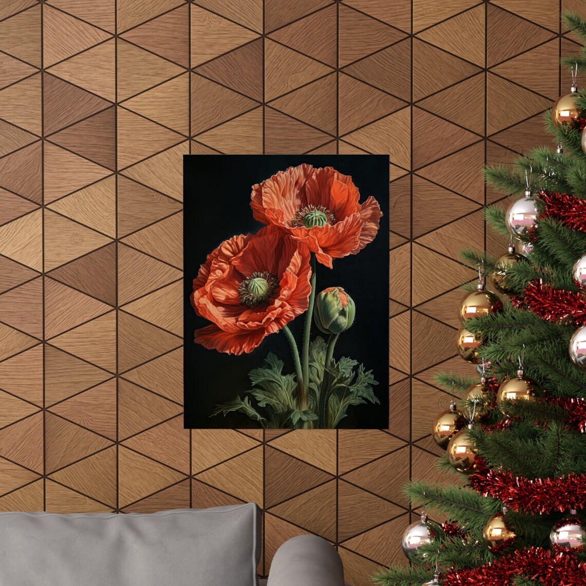 Coral Red Poppy Flowers Dark Background Botanical Oil Painting Poster - Image 3