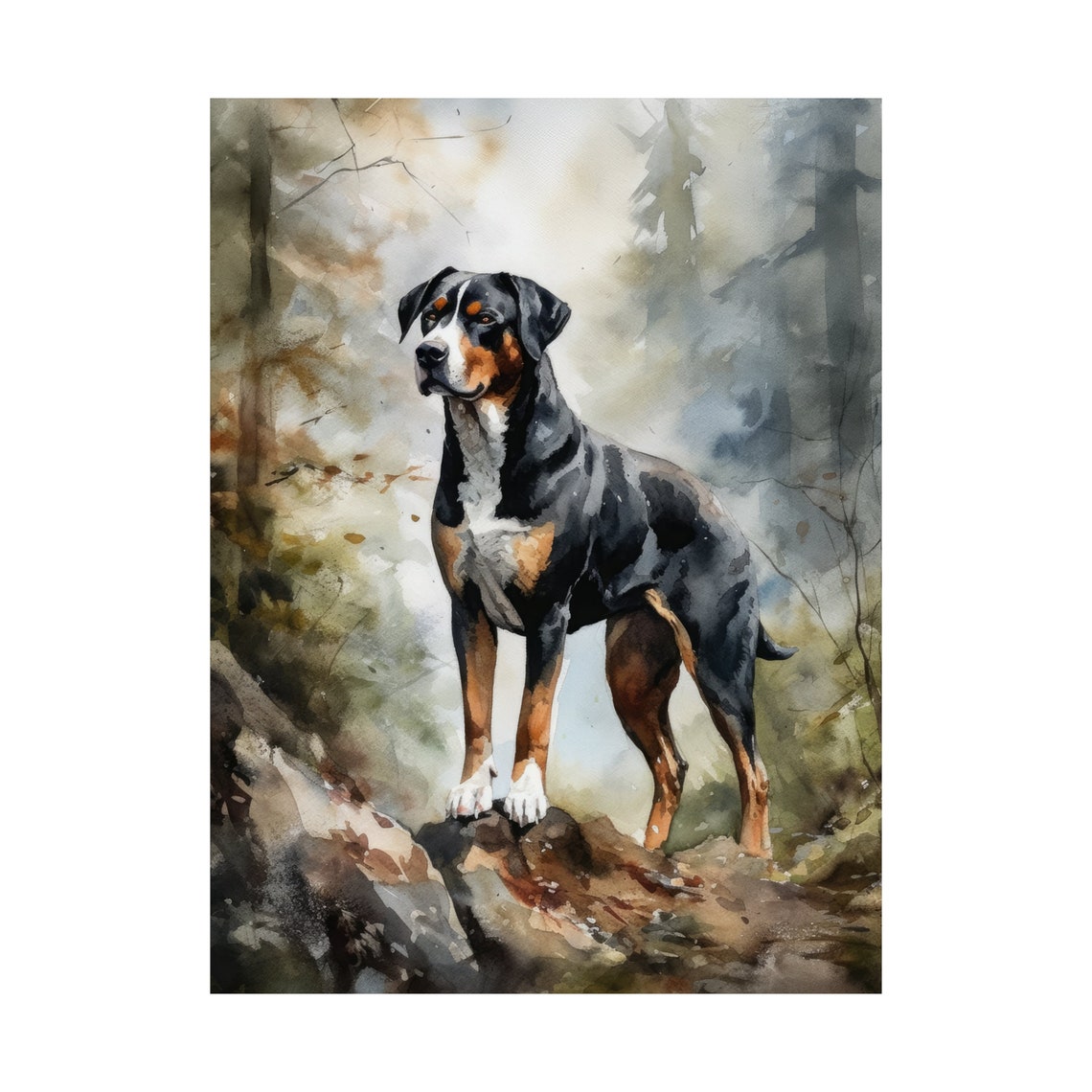 Greater Swiss Mountain Dog Standing In Misty Forest Watercolor Poster - Image 4