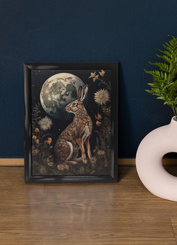 Wild Hare and Full Moon Dark Cottagecore Floral Night Poster