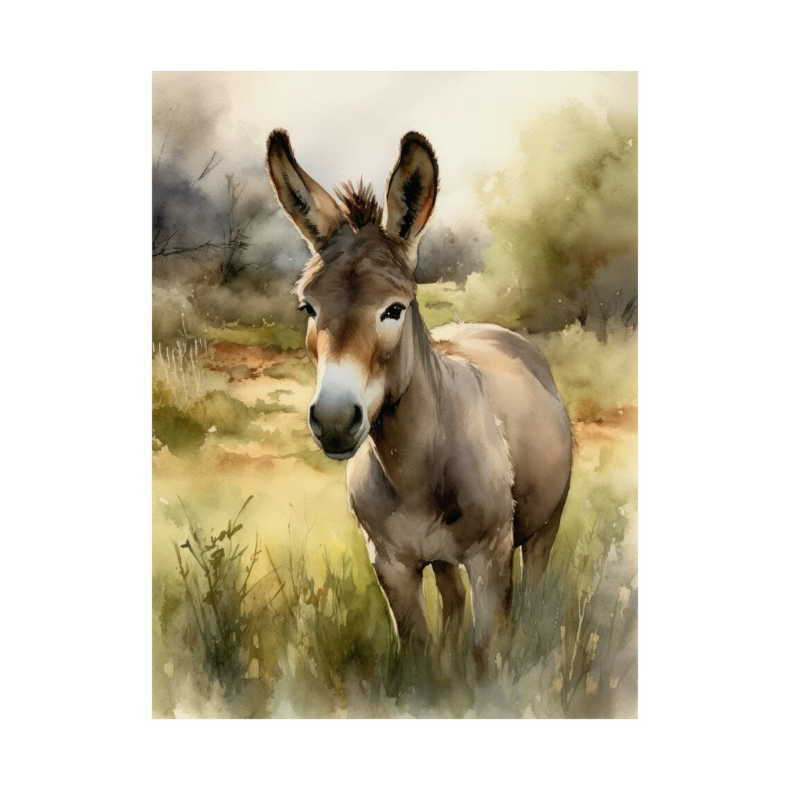 Donkey Portrait Golden Field Watercolor Farm Animal Cute Art Print - Image 4