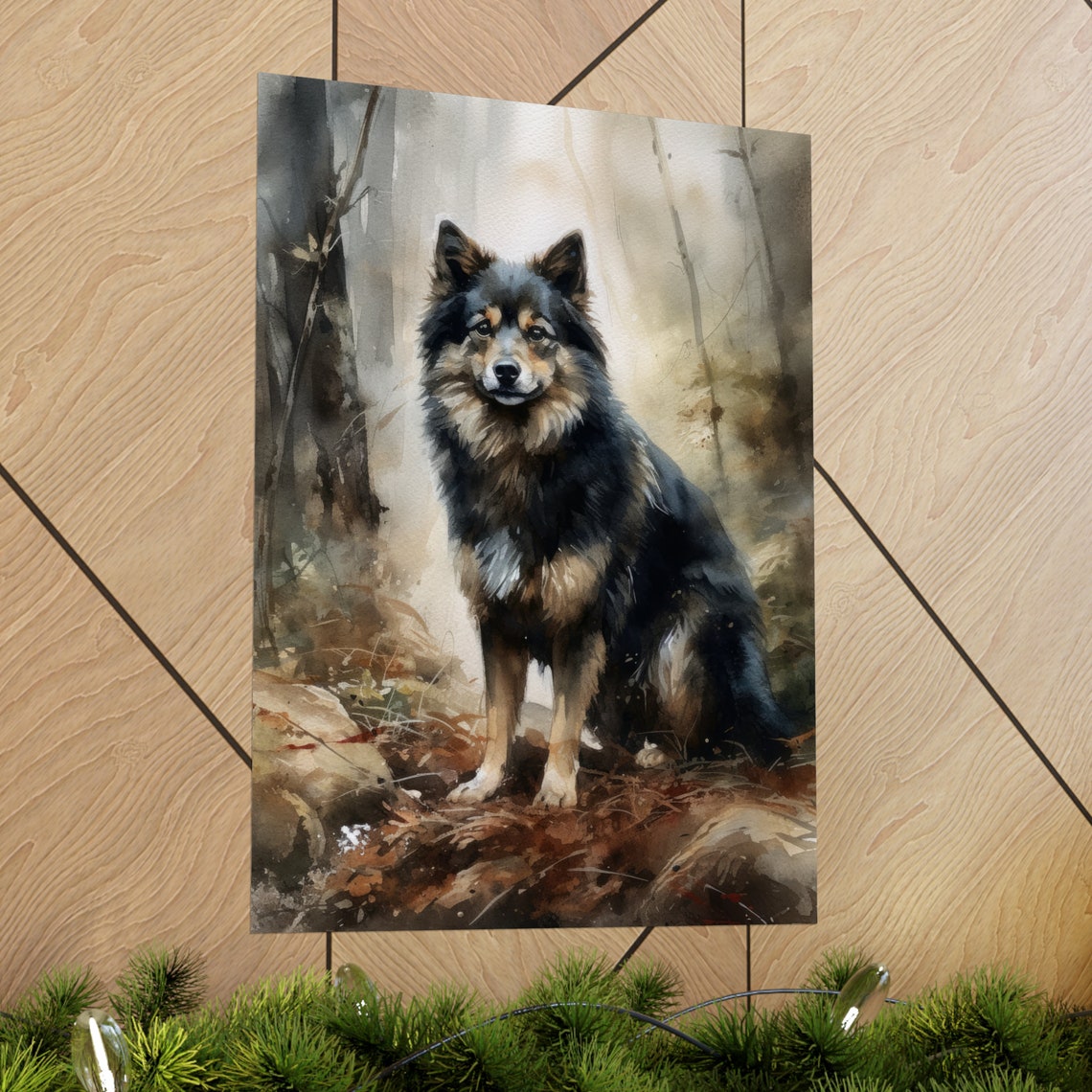 Finnish Lapphund Watercolor Portrait Sitting In Autumn Woods Art Print - Image 2