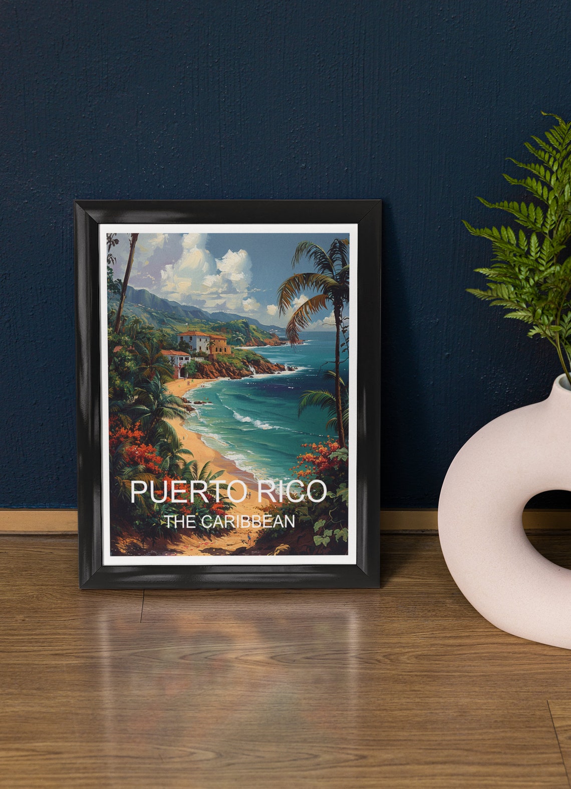 Puerto Rico Caribbean Beach Cliffs Colonial Houses Travel Poster