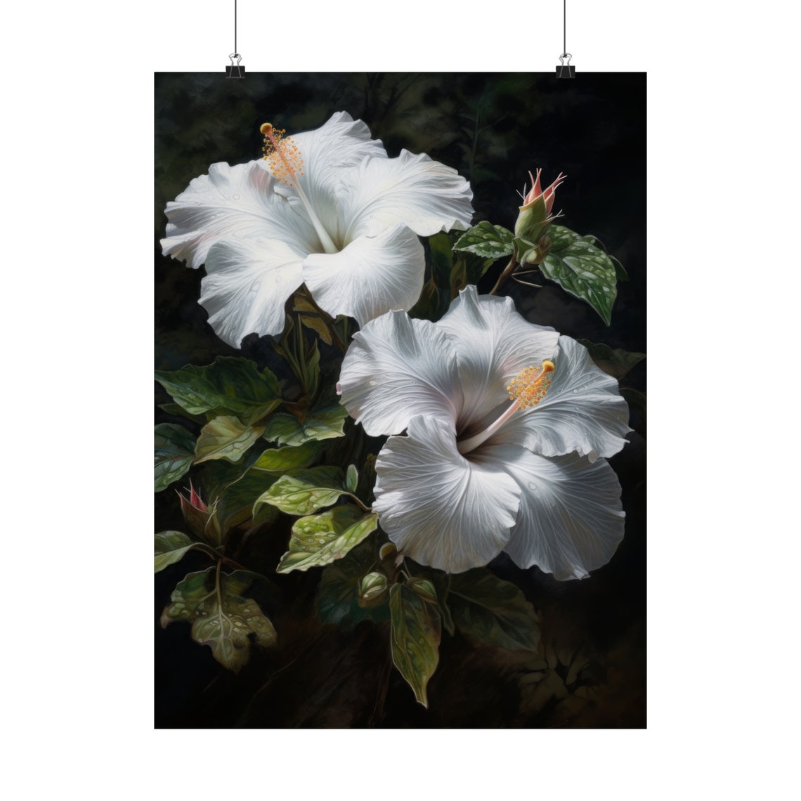White Hibiscus Flowers Dark Background Tropical Fine Art Poster - Image 5