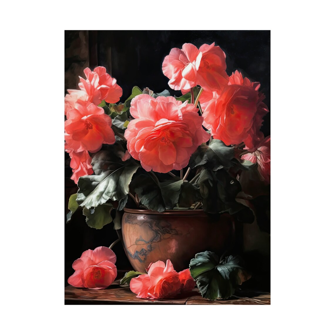 Coral Pink Begonia Potted Blooms Scattered Petals Floral Art Poster - Image 4