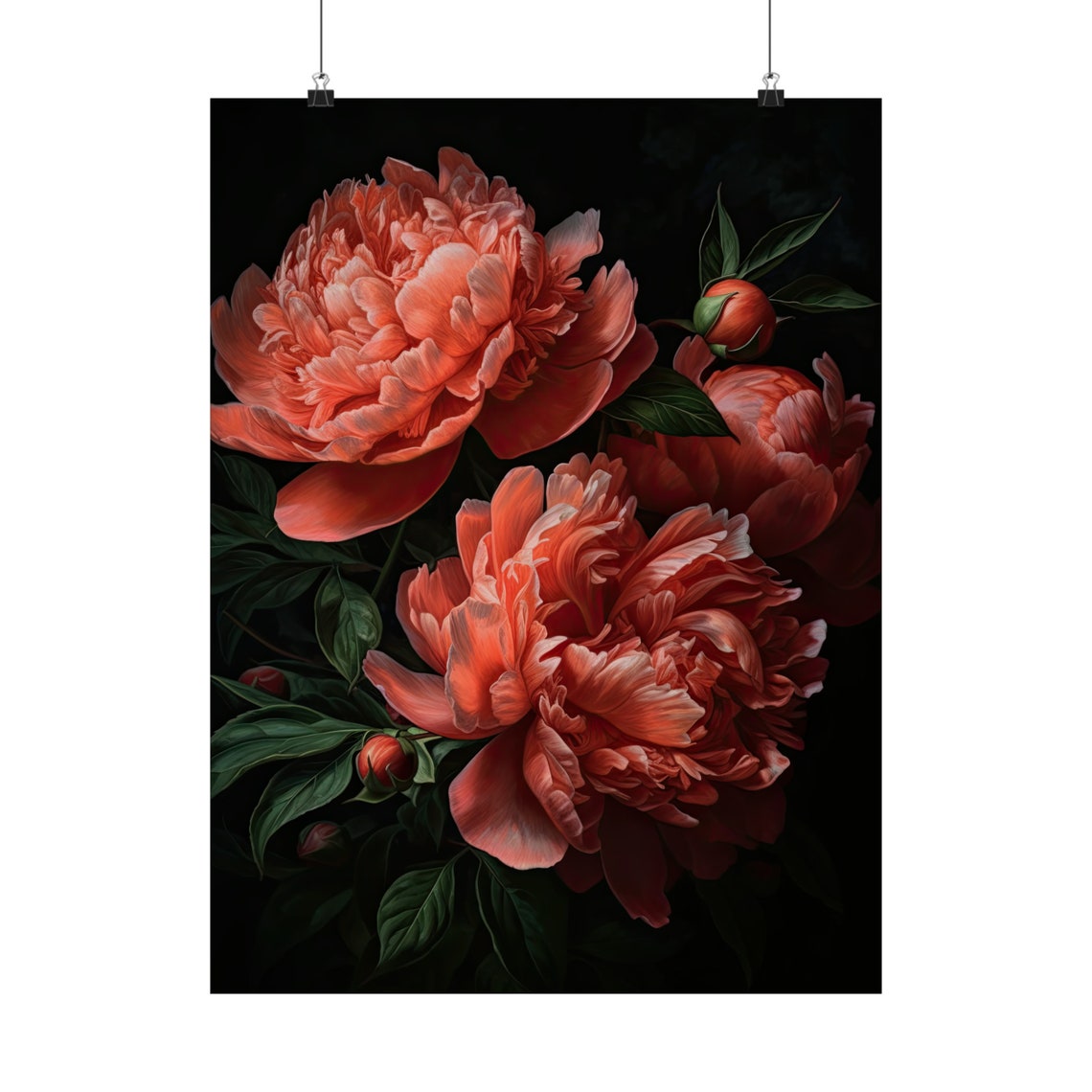 Coral Peony Blossom Dark Moody Botanical Still Life Art Poster - Image 5