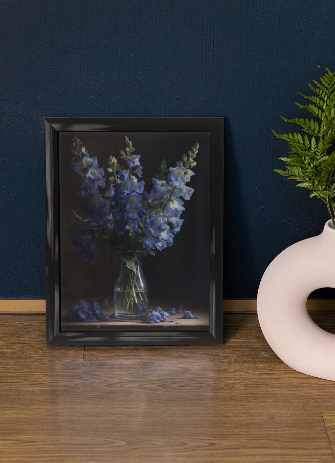 Blue Delphinium Fan Bouquet Glass Vase Dark Still Life Poster