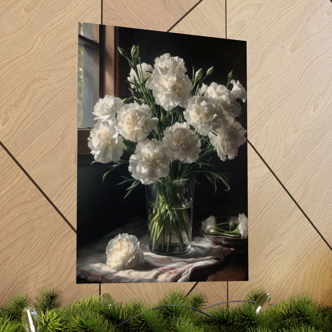 White Carnation Bouquet Window Light Soft Classic Floral Art Poster - Image 2