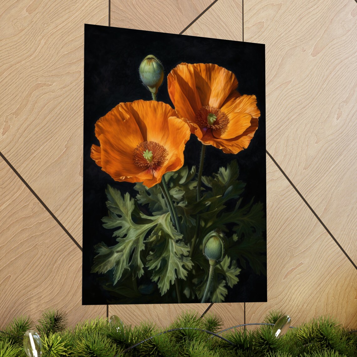 California Poppy Orange Blooms Buds Sunlit Dark Floral Painting Poster - Image 2