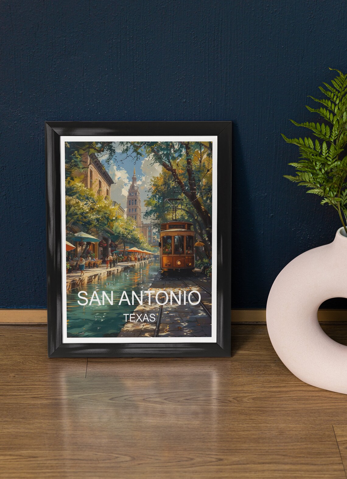 San Antonio Texas River Walk Streetcar Vintage Style Travel Poster