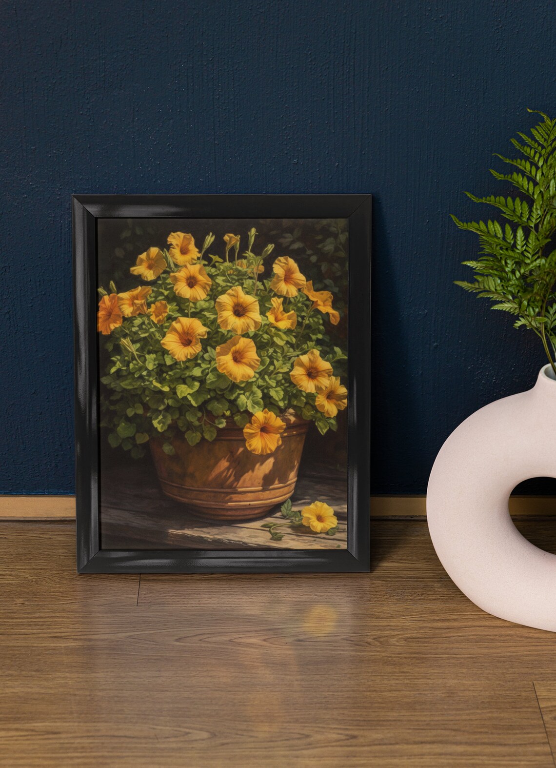 Golden Petunias Terracotta Pot Sunlit Dark Moody Floral Poster