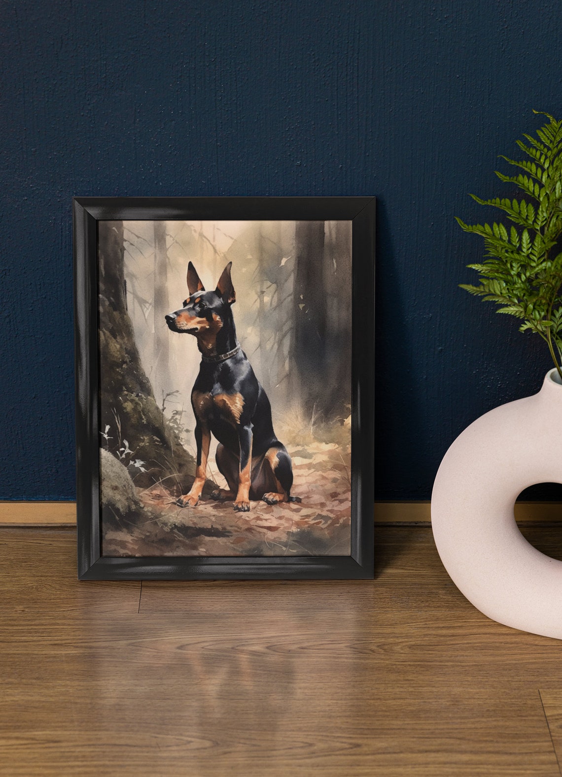 Manchester Terrier Sitting in Misty Forest Watercolor Dog Art Print