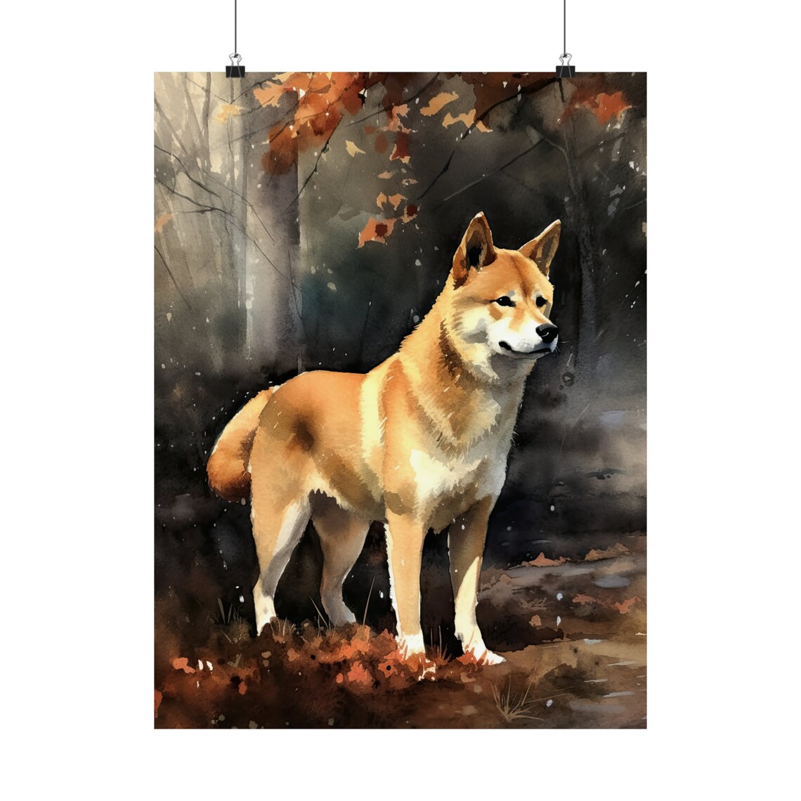 Shiba Inu Standing In Autumn Forest Golden Watercolor Dog Print - Image 5