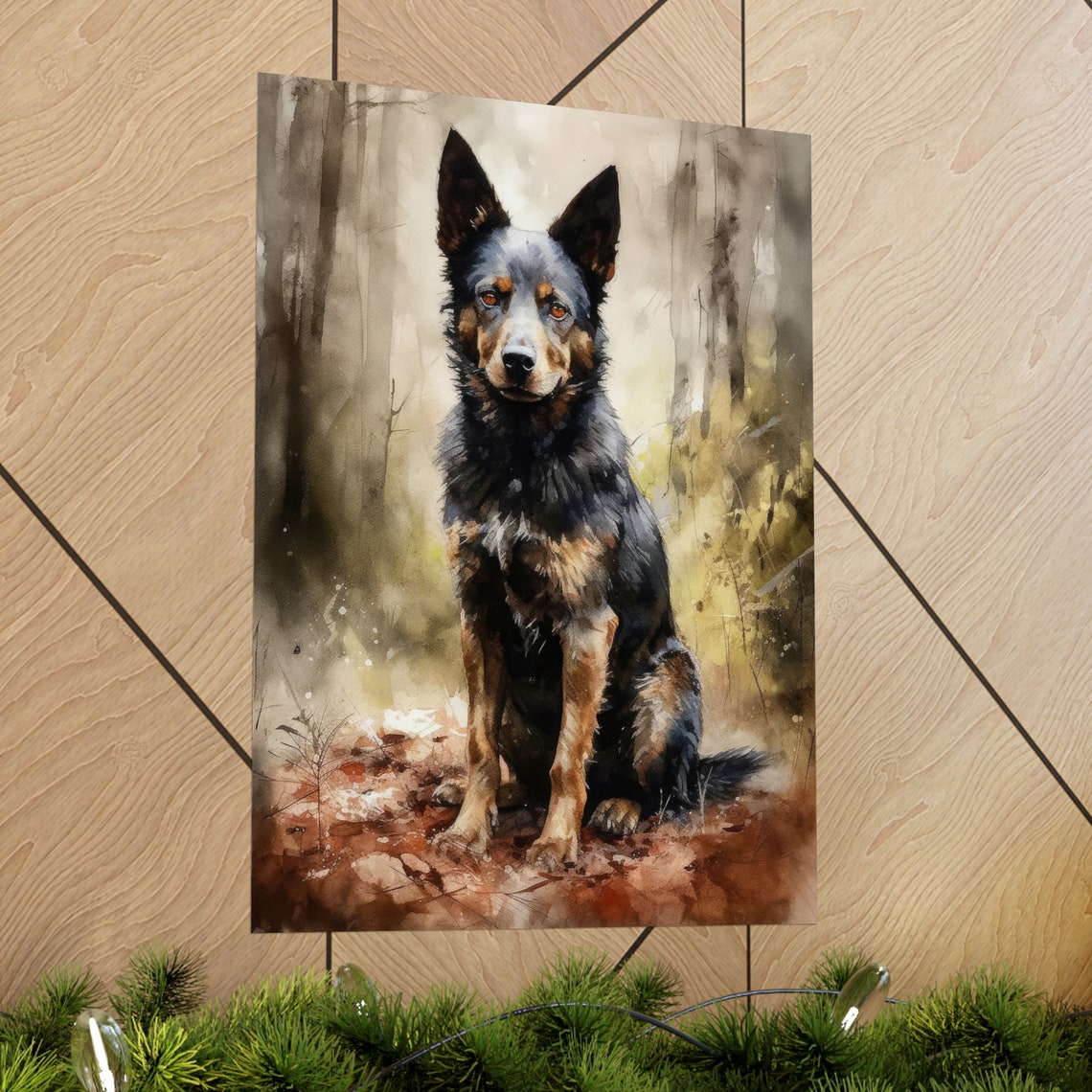 Mudi Dog Watercolor Portrait Sitting In Misty Autumn Forest Poster - Image 2