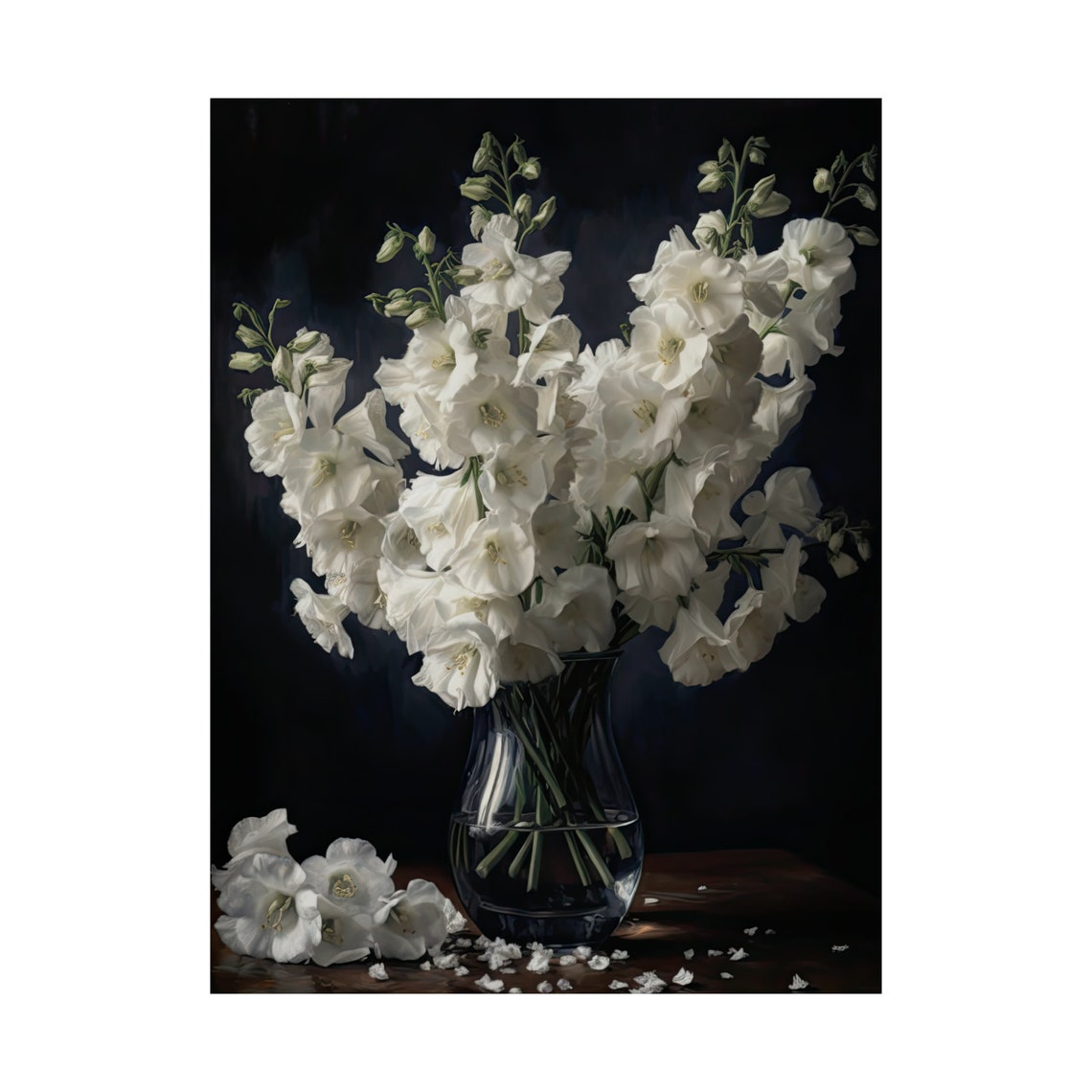 White Delphinium Blooms Glass Vase Dark Moody Still Life Poster - Image 4