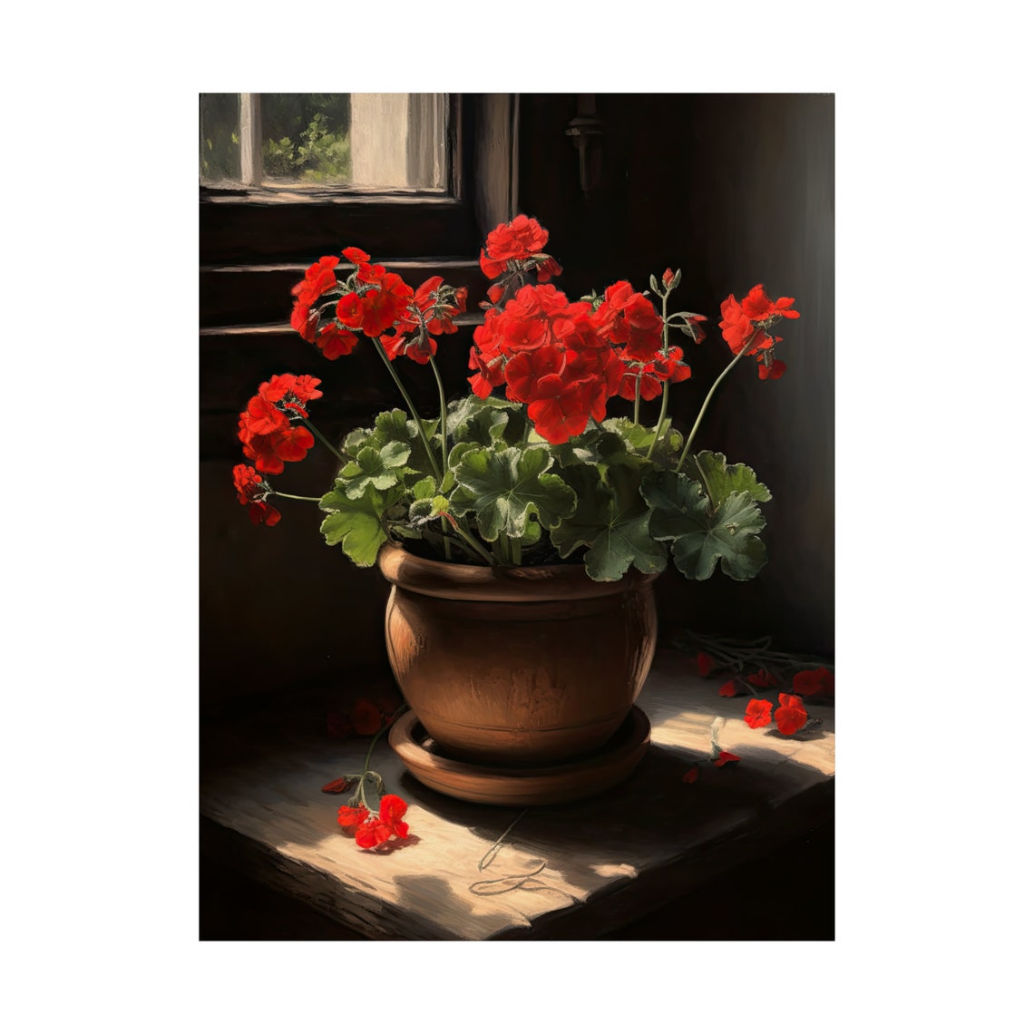 Red Geranium Terracotta Pot Sunlit Window Dark Still Life Art Poster - Image 4