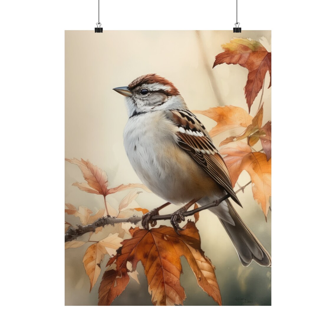 Chipping Sparrow On Autumn Leaves Branch Watercolor Bird Art Print - Image 5