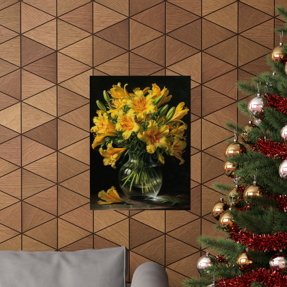Yellow Alstroemeria Flowers Glass Vase Dark Elegant Floral Art Print - Image 3