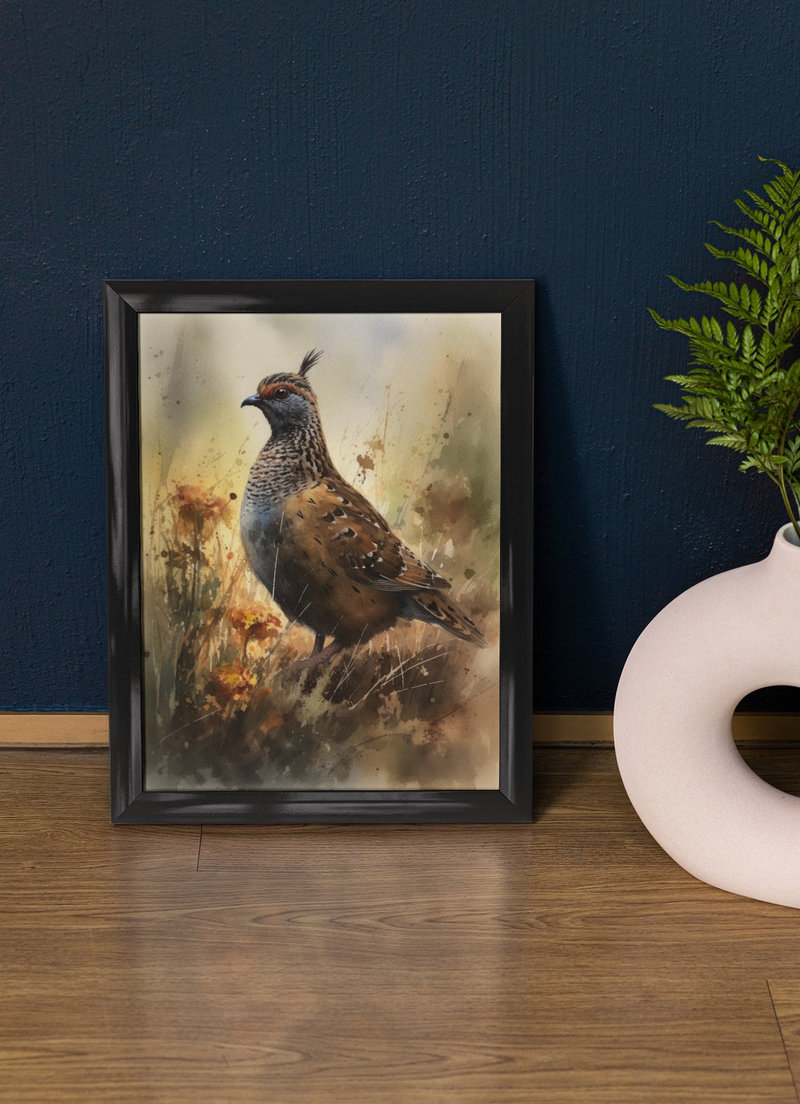 Crested Quail Golden Grass Watercolor Bird Art Rustic Wall Art Print
