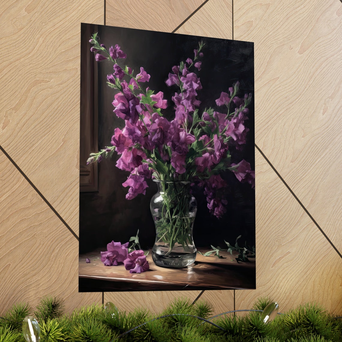 Magenta Purple Snapdragon Bouquet Glass Vase Dark Still Life Poster - Image 2