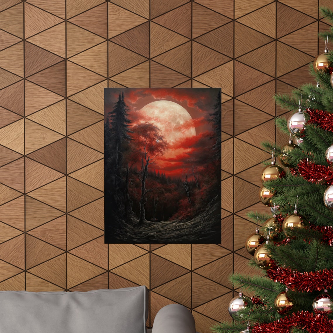 Blood Moon Rising Over Dark Pine Forest Crimson Sky Gothic Wall Art - Image 3