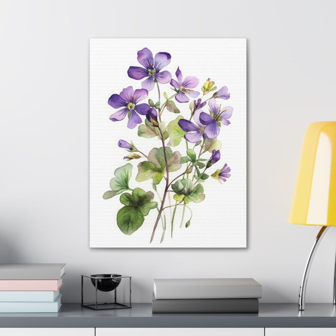 Purple Violet Flowers Watercolor Green Leaves Botanical Art Print - Image 4
