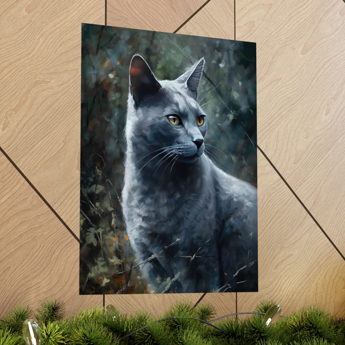 Blue Gray Cat Amber Eyes Forest Foliage Portrait Feline Art Poster - Image 2