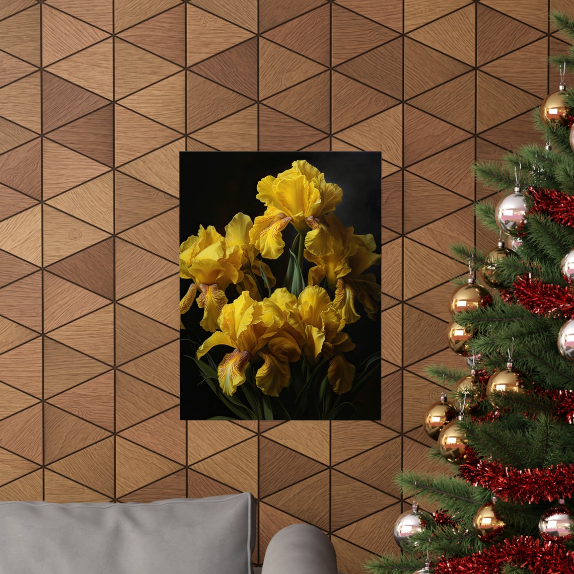 Golden Yellow Iris Blossoms Cluster Dark Moody Floral Wall Art Print - Image 3