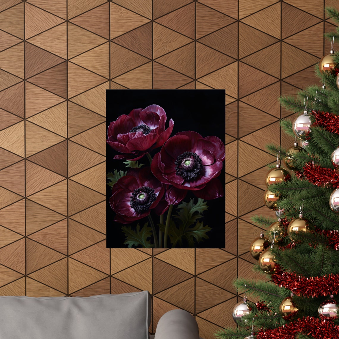 Burgundy Anemone Blooms Dark Moody Botanical Floral Art Poster - Image 3