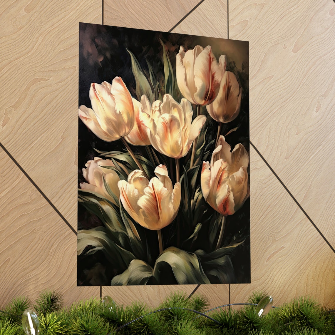 Fresh Cream Tulips Red Streaked Petals Dark Moody Floral Wall Art - Image 2