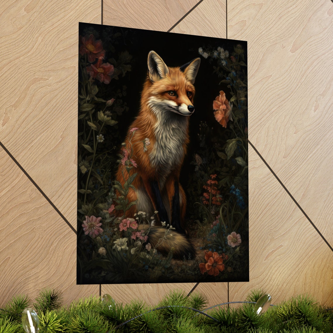 Red Fox Sitting Among Dark Moody Roses And Wildflowers Night Poster - Image 2
