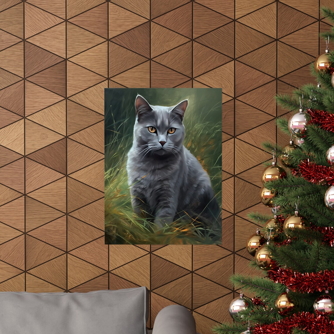 Chartreux Cat Blue Gray Shorthair Golden Eyes Portrait In Grass Art Print - Image 3