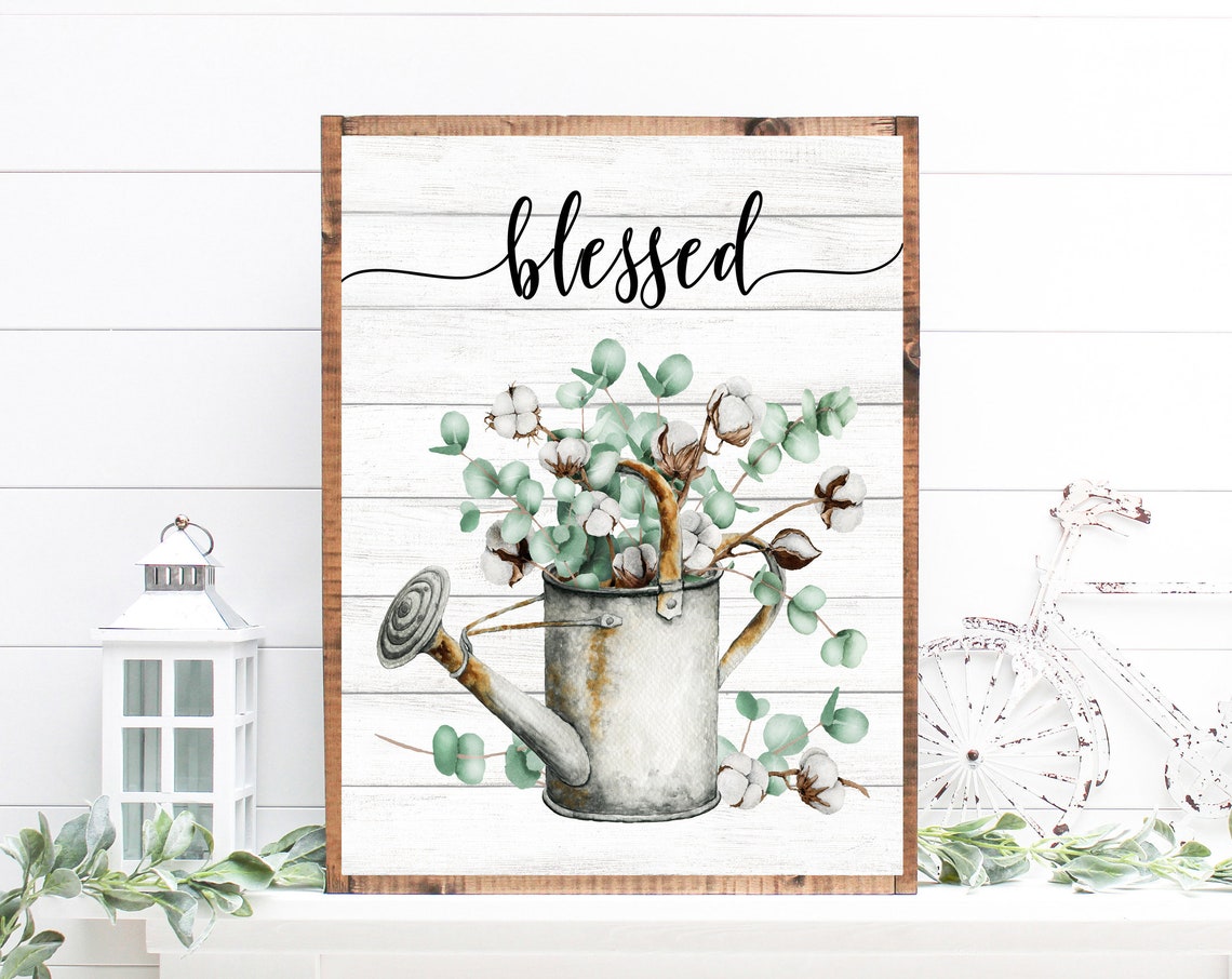 Blessed Rustic Watering Can with Eucalyptus and Cotton Poster