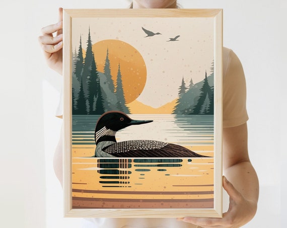 Vintage Loon Print, Minnesota Lake House Travel Poster