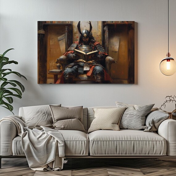 Samurai In Horned Helmet Reading Book Ancient Library Wall Art