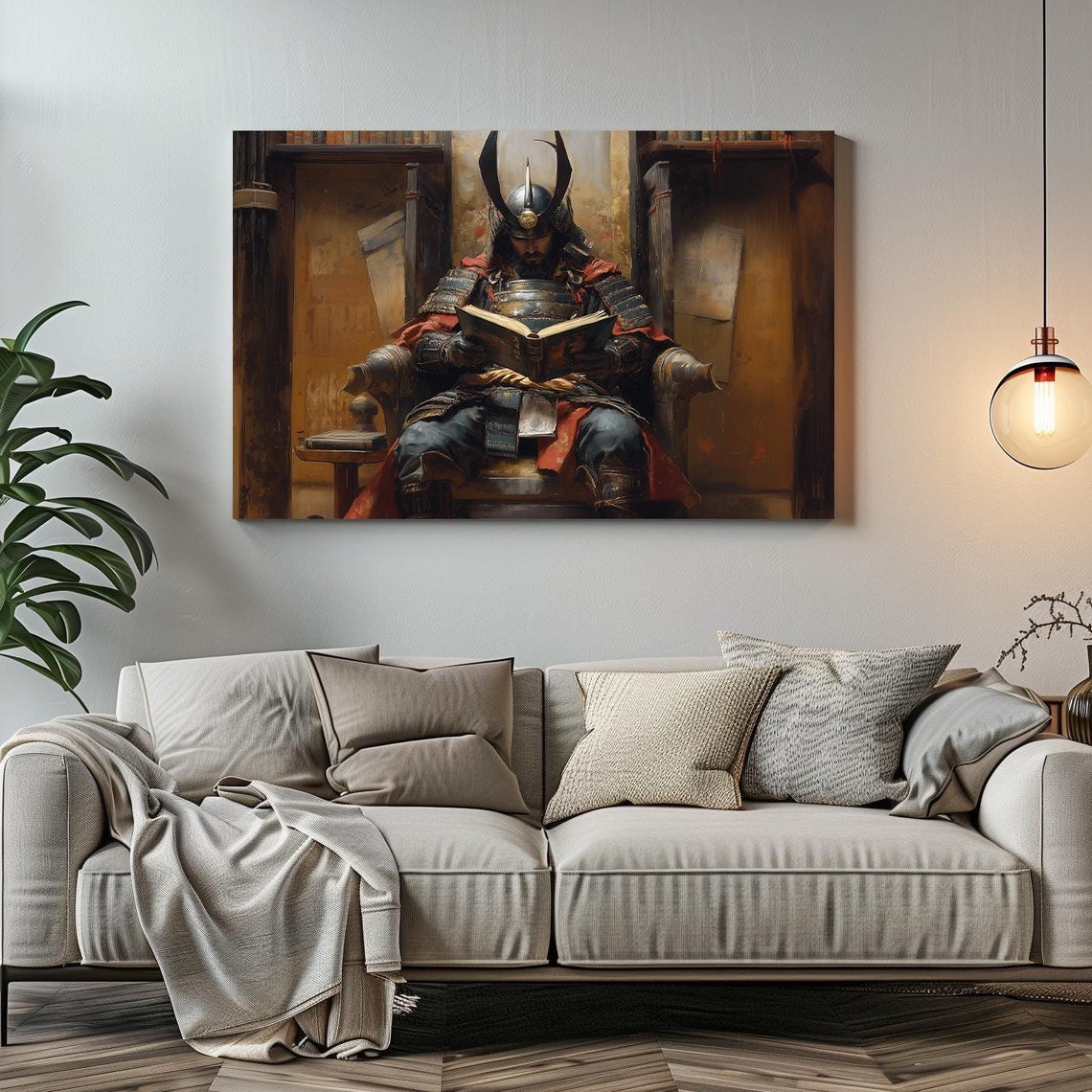 Samurai In Horned Helmet Reading Book Ancient Library Wall Art