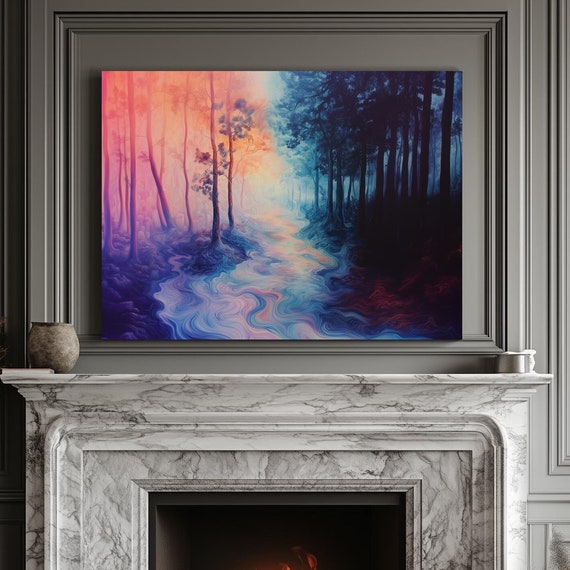 Foggy Melting Forest Print Landscape Modern Painting Nature Calm Relaxing Wall Print Airbnb Art Wall Decor