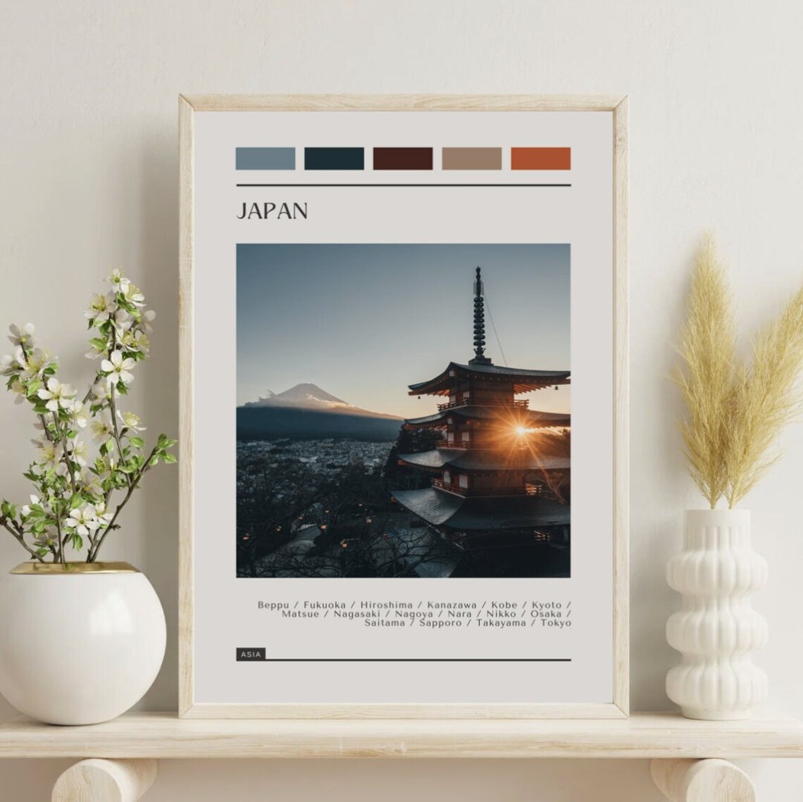 Japan Pagoda And Mount Fuji Sunset Color Block Travel Poster Asia Art
