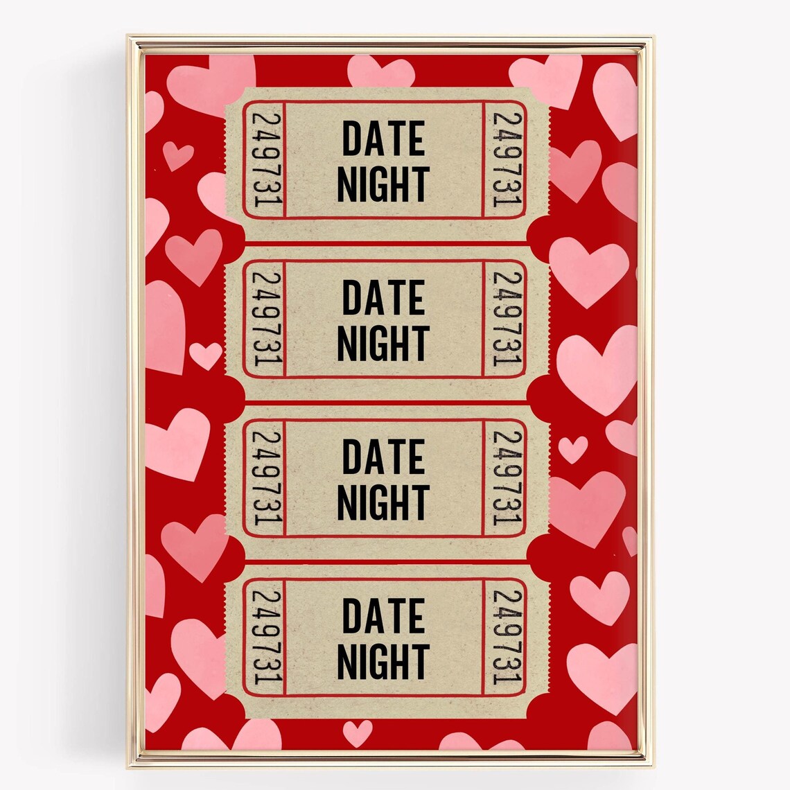 Date Night Tickets Red Hearts Vintage Romantic Couples Wall Art Print