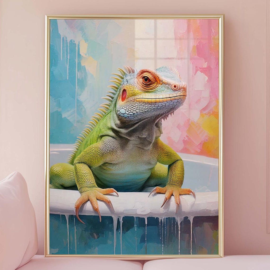 Pastel Iguana Bath Time Colorful Dopamine Reptile Nursery Art Print