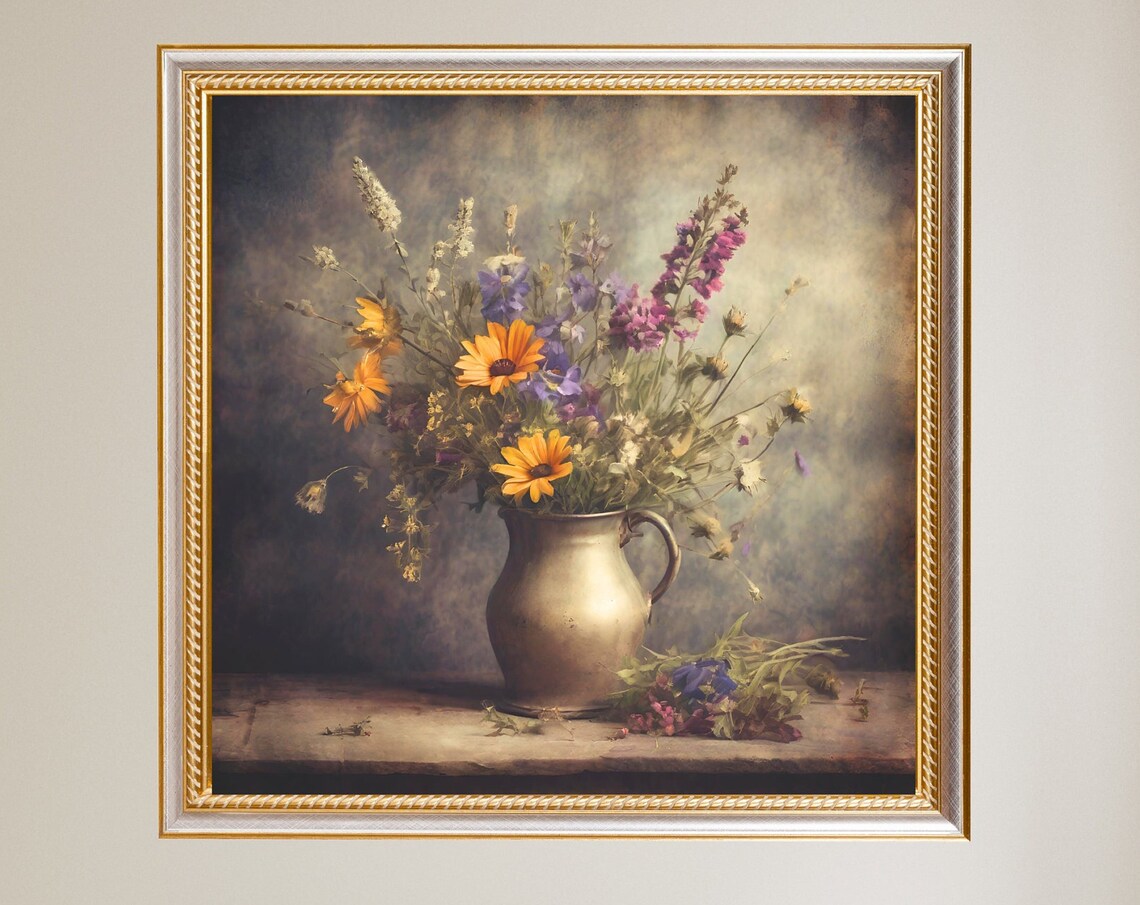 Wildflower Bouquet Copper Pitcher Moody Vintage Still Life Painting Poster