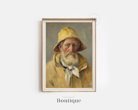 Old Fisherman Portrait in Yellow Rain Coat Vintage Nautical Print